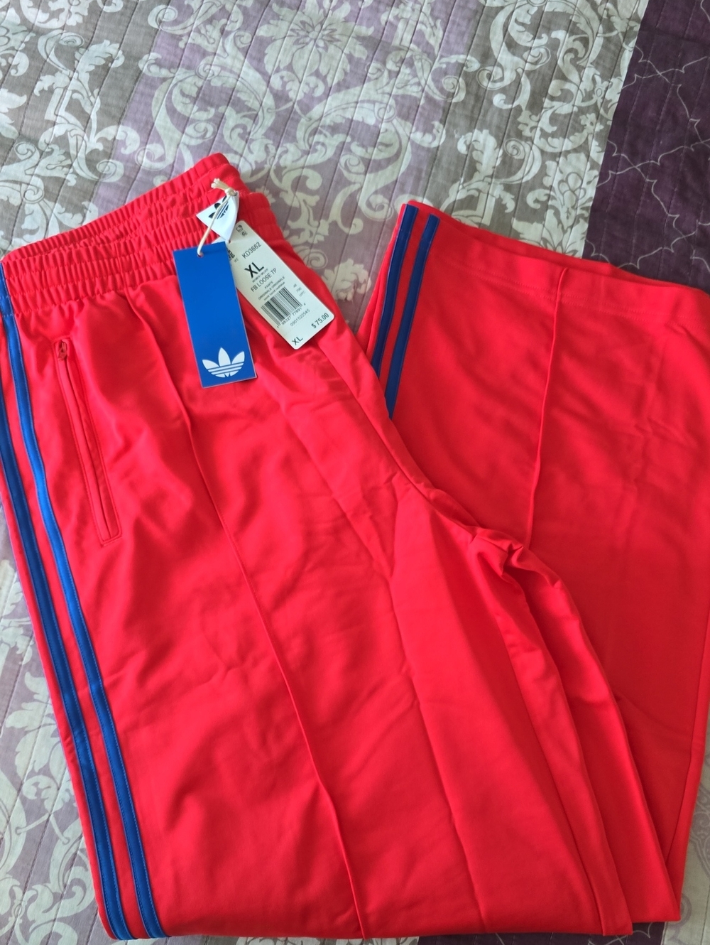 Adidas Womens Red Loose Track Pants with Blue Stripes, Semi Lucid XL New